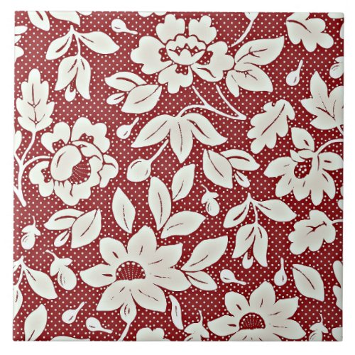 Art Nouveau Floral Pattern Red and White Ceramic Tile