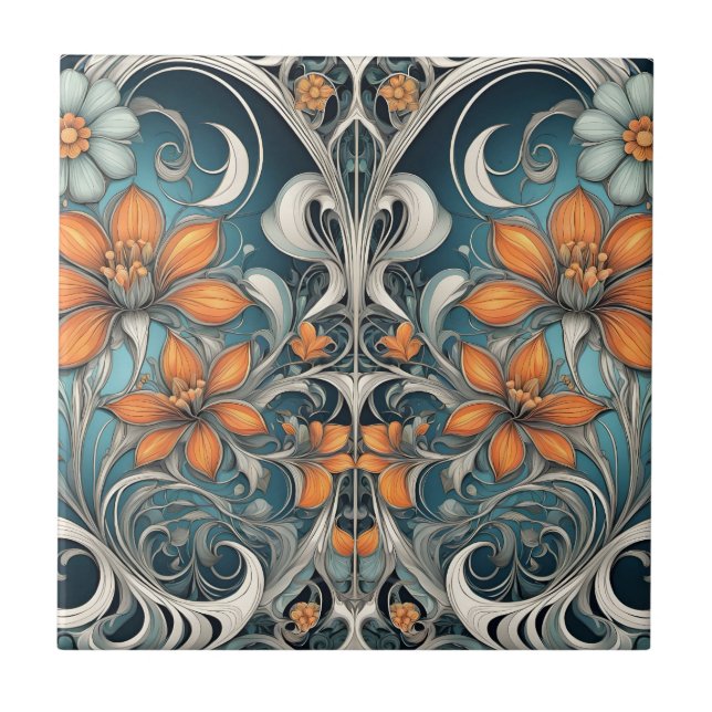 Art Nouveau floral pattern teal orange Ceramic Tile (Front)