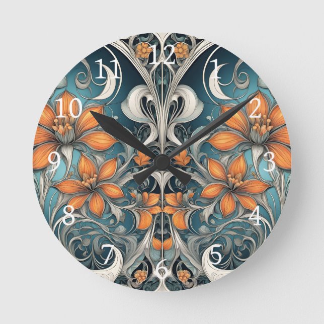 Art Nouveau floral pattern teal orange Round Clock (Front)