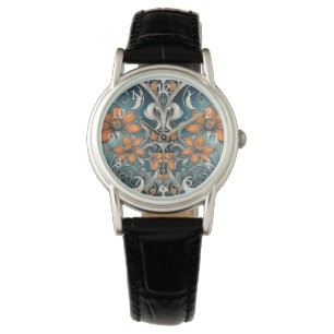 Art Nouveau floral pattern teal orange Watch