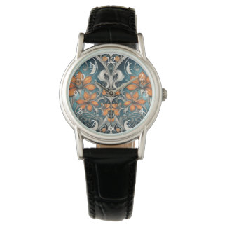 Art Nouveau floral pattern teal orange Watch