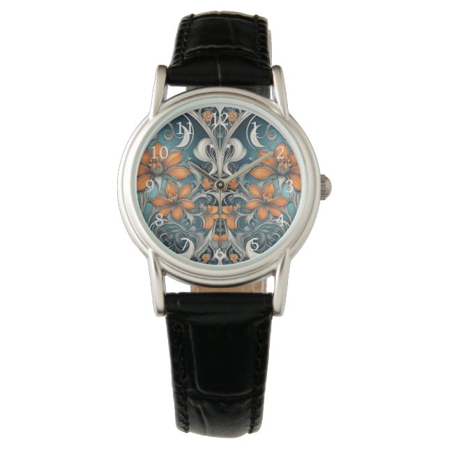 Art Nouveau floral pattern teal orange Watch (Front)