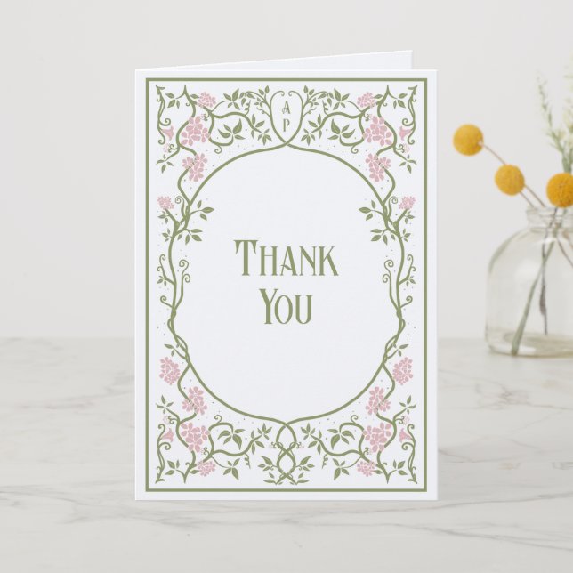 Art Nouveau Floral Pink and Green Wedding  Thank You Card (Front)