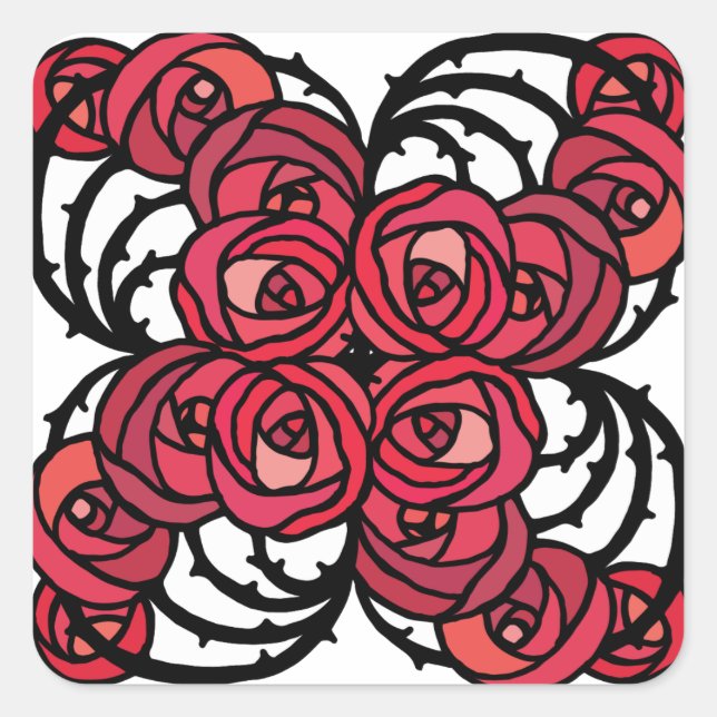 Art Nouveau Floral red and black rose vines design Square Sticker (Front)