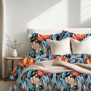 Art Nouveau Floral Red Blue Watercolor Duvet Cover