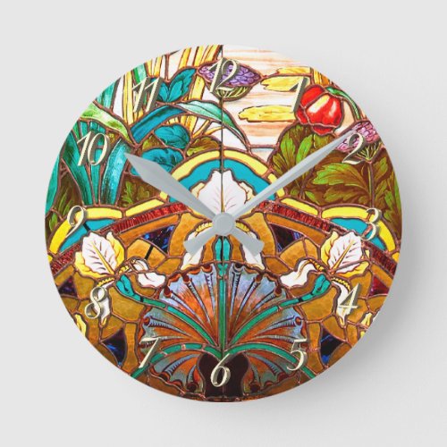 Art nouveau floral  stained glass look round clock