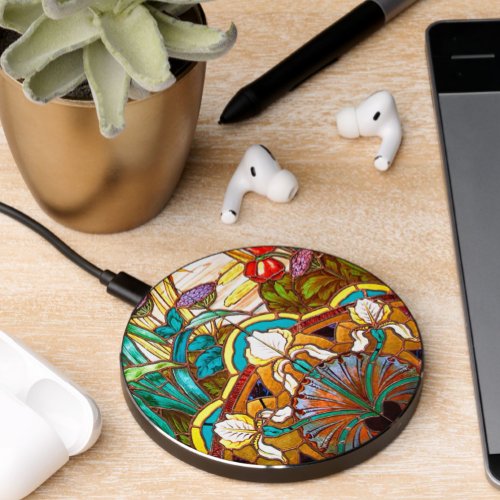 Art nouveau floral  stained glass look wireless charger 