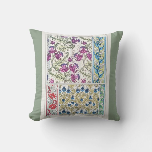 Art nouveau floral thistle flower textile art throw pillow (Front)