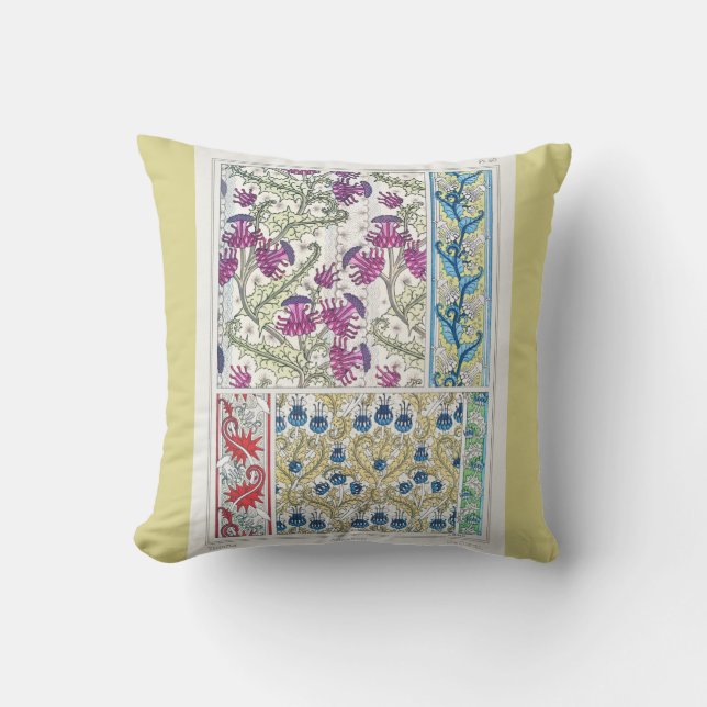 Art nouveau floral thistle flower textile art throw pillow (Front)