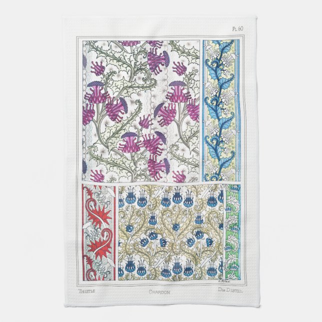 Art nouveau floral thistle textile art verneuil  kitchen towel (Vertical)