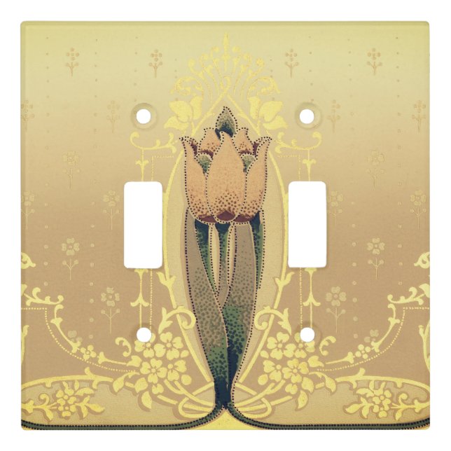 Art nouveau floral tulip pink and gold elegant light switch cover (Front)