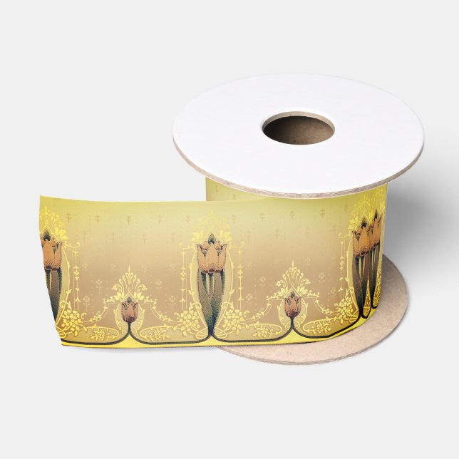 Art nouveau floral tulip pink and gold elegant satin ribbon (Spool)