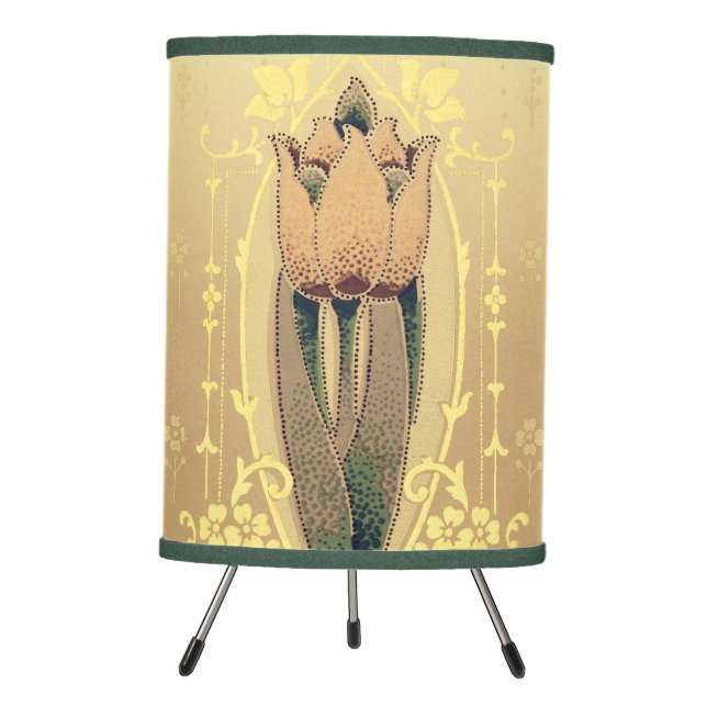 Art nouveau floral tulip pink and gold elegant tripod lamp (Front)