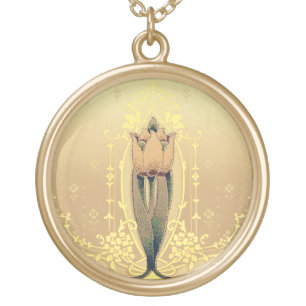 Art nouveau floral tulip pink gold elegant gold plated necklace