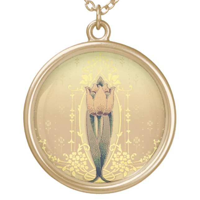 Art nouveau floral tulip pink gold elegant gold plated necklace (Front)