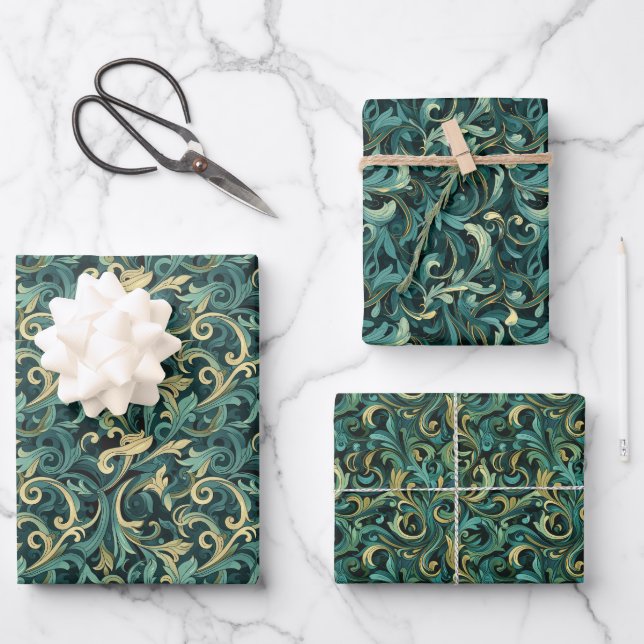 Art Nouveau Floral Vine Pattern with Teal & Green Wrapping Paper Sheets (Front)