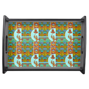 Art nouveau floral vintage textile art, turquoise serving tray