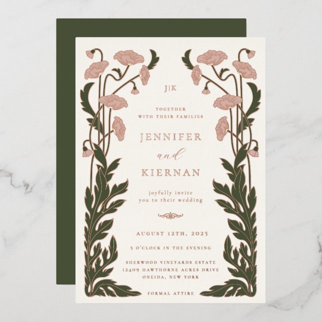 Art Nouveau Floral Wedding Foil Invitation (Front/Back)