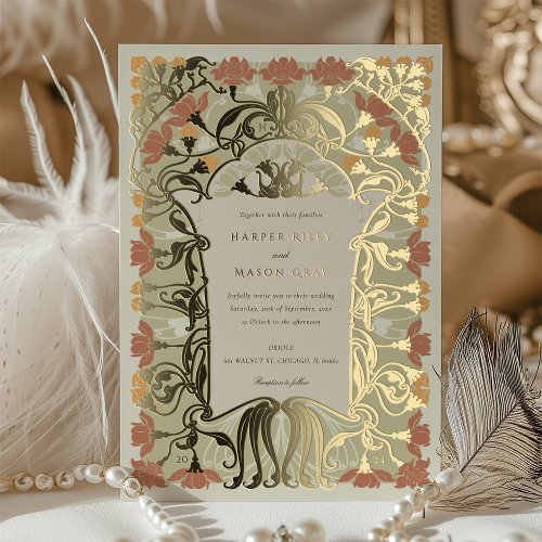 Art Nouveau Floral Wedding in Warm Earth Tones Foil Invitation