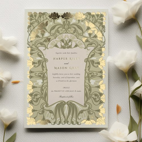 Art Nouveau Floral Wedding in Warm Earth Tones Foil Invitation