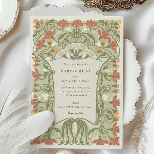 Art Nouveau Floral Wedding in Warm Earth Tones Invitation