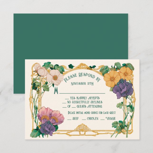 Art Nouveau Floral Wedding RSVP response card (Front/Back)