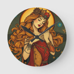 Art Nouveau Floral Woman Illustration Round Clock