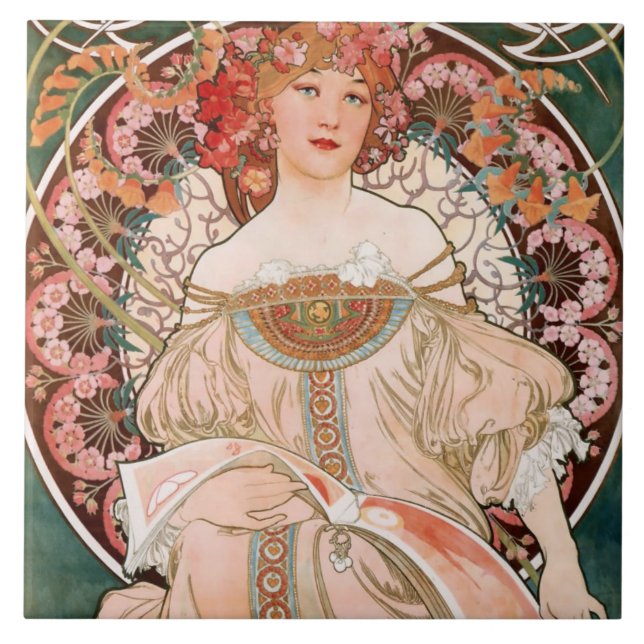 Art Nouveau Floral Woman Mucha French Green Ceramic Tile (Front)
