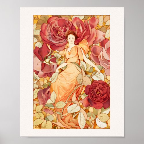 Art Nouveau Flower Fairy with Red  Orange Roses Poster