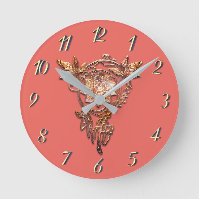 Art nouveau flower jewel Victorian brass and peach Round Clock (Front)