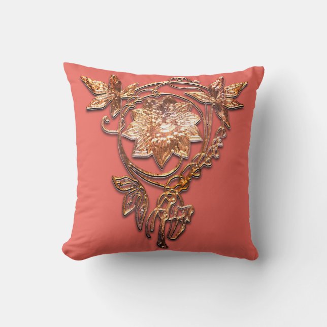 Art nouveau flower jewel Victorian brass and peach Throw Pillow (Front)