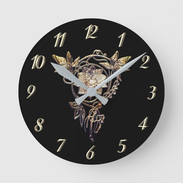 Art nouveau flower jewel Victorian gold and black Round Clock (Front)