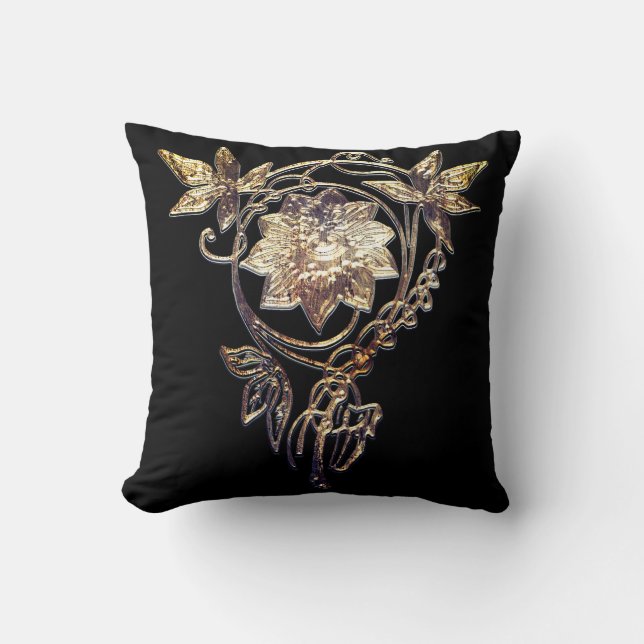 Art nouveau flower jewel Victorian gold and black Throw Pillow (Front)