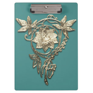 Art nouveau flower jewel Victorian gold and teal Clipboard
