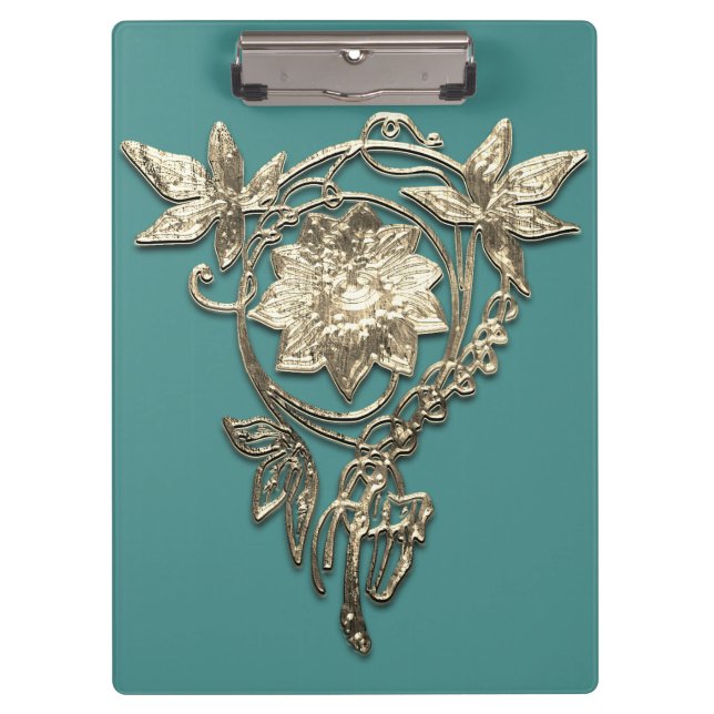 Art nouveau flower jewel Victorian gold and teal Clipboard (Front)