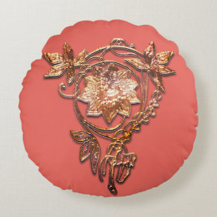 Art nouveau flower jewel Victorian gold  peach Round Pillow