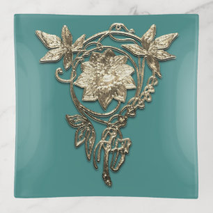 Art nouveau flower jewel Victorian gold teal Trinket Tray