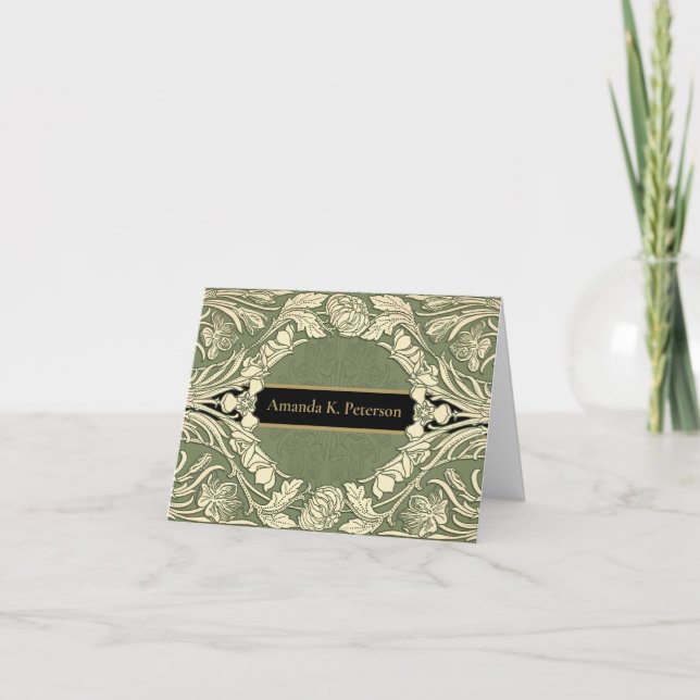 Art Nouveau Flowers Floral Border Name  Note Card (Front)