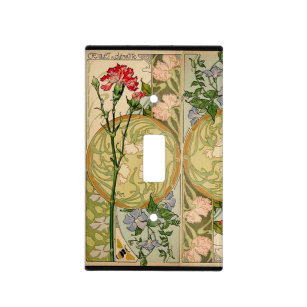 Metal Light Switch Plate Cover Art Nouveau Decor Floral Leaves Light Teal 02 