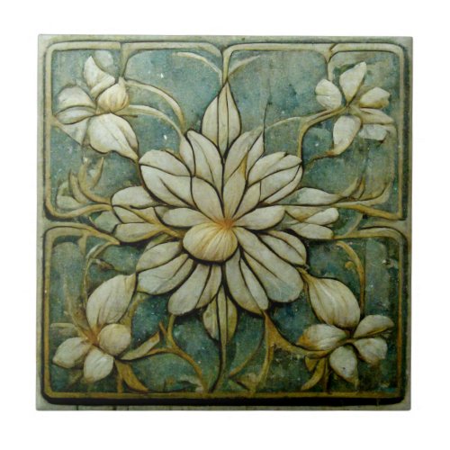 Art Nouveau Flowers on Muted French Pastel Blue Ceramic Tile