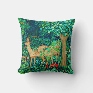 Art Nouveau Forest Deer Tapestry Print Throw Pillow