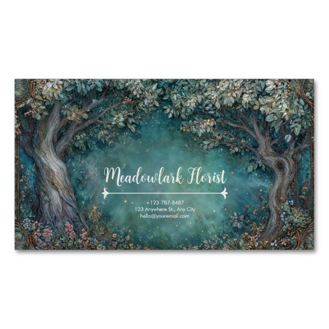 Art Nouveau Forest Teal Gnarled Tree Opulent Business Card Magnet (Front)