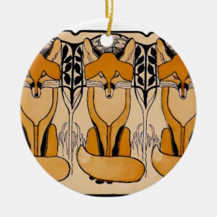 Art Nouveau Foxes Illustration Woodland Wildlife Ceramic Ornament