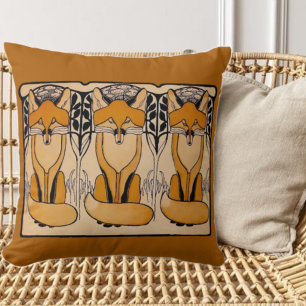 Art Nouveau Foxes Illustration Woodland Wildlife Throw Pillow