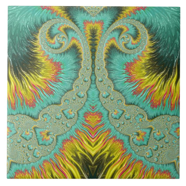 Art Nouveau Fractal Turquoise Feathers Fountain  Ceramic Tile (Front)