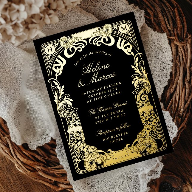 Art Nouveau Frame Monogram Wedding Black Gold Foil Invitation (Creator Uploaded)
