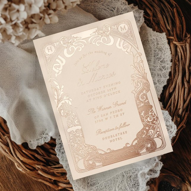 Art Nouveau Frame Monogram Wedding Peach Rose Foil Invitation (Creator Uploaded)