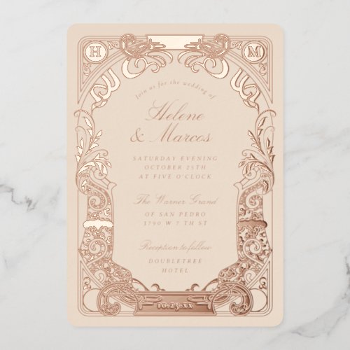 Art Nouveau Frame Monogram Wedding Peach Rose Foil Invitation