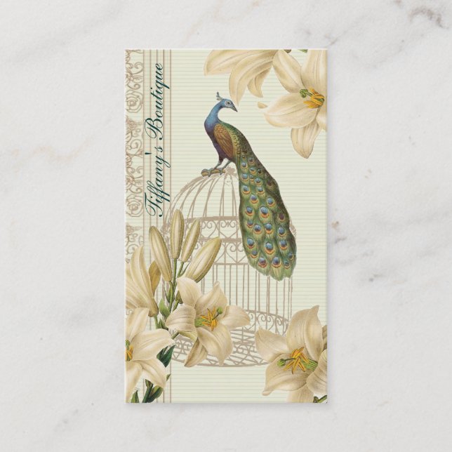 art nouveau  french lily vintage birdcage peacock business card (Front)
