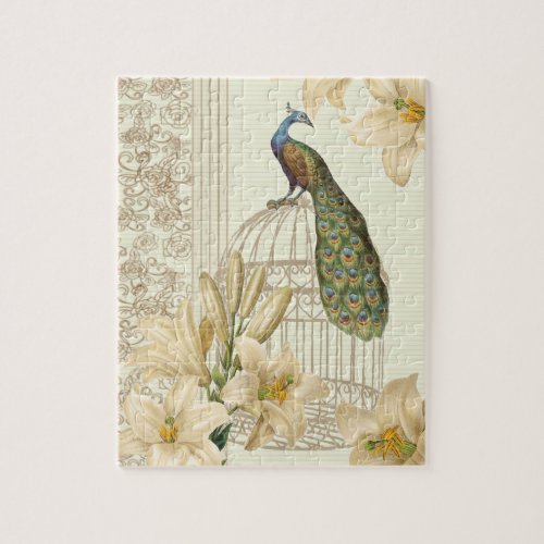 art nouveau  french lily vintage birdcage peacock jigsaw puzzle